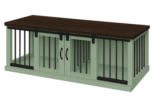 The DUO – Sage Barn Door Style Double Wooden Dog Crate With Bars Paws and Willow