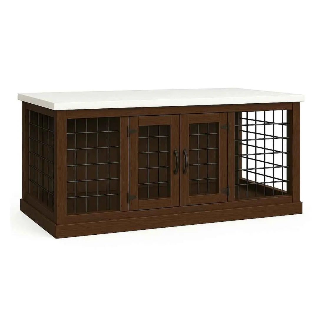 The DUO – Espresso Hinged Style Double Wooden Dog Crate With Mesh image 2