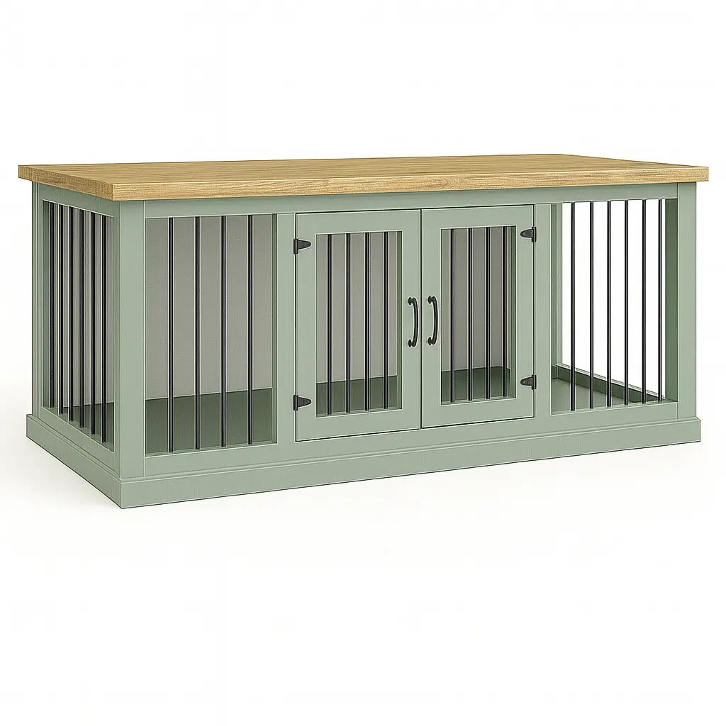 The LOFT – Sage Open Plan Wooden Dog Crate with Bars & Hinged Doors Paws and Willow
