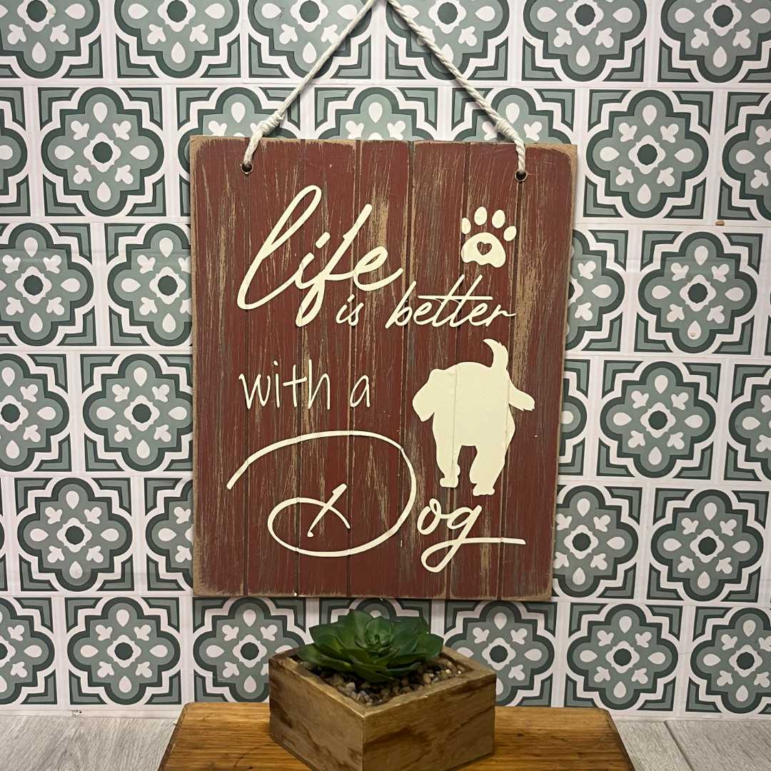 "I Wish I Was Home With My Dog" Large Wooden Sign - Red Wash image