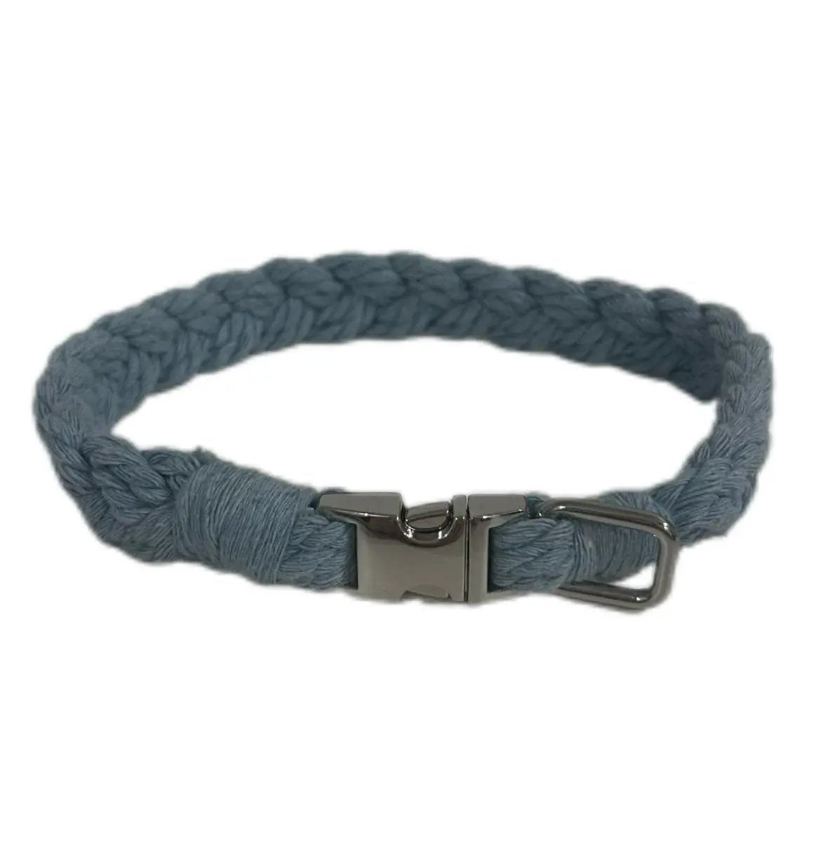 Petite Macramé Dog Collar with Brass | Gold | Silver Buckle - Blue, Silver image