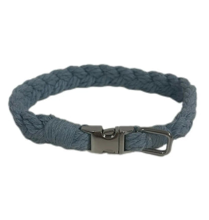 Petite Macramé Dog Collar with Brass | Gold | Silver Buckle - Blue, Silver image