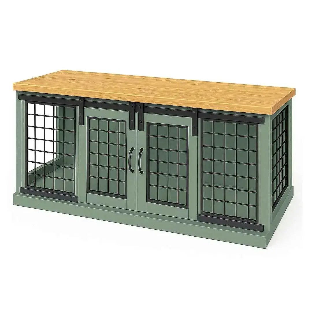 The DUO – Sage Barn Style Double Wooden Dog Crate With Mesh image 4