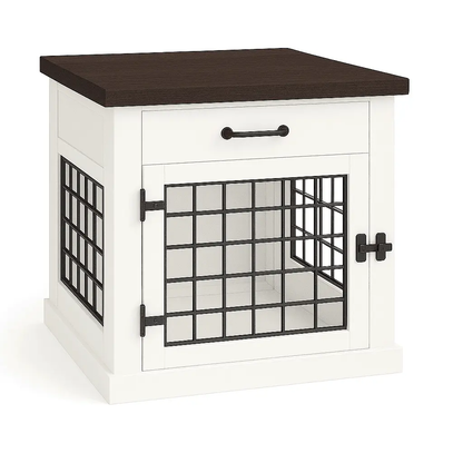 The Den - ARCTIC Coloured Bedside Dog Crate with Mesh & Hinged Door with Drawer - Espresso image