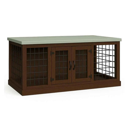 The DUO – Espresso Hinged Style Double Wooden Dog Crate With Mesh image 0