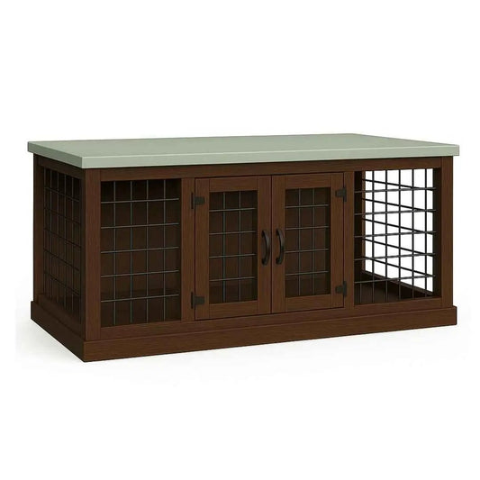 The DUO – Espresso Hinged Style Double Wooden Dog Crate With Mesh image 0