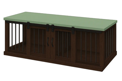 The DUO – Espresso Barn Door Style Double Wooden Dog Crate With Bars Paws and Willow