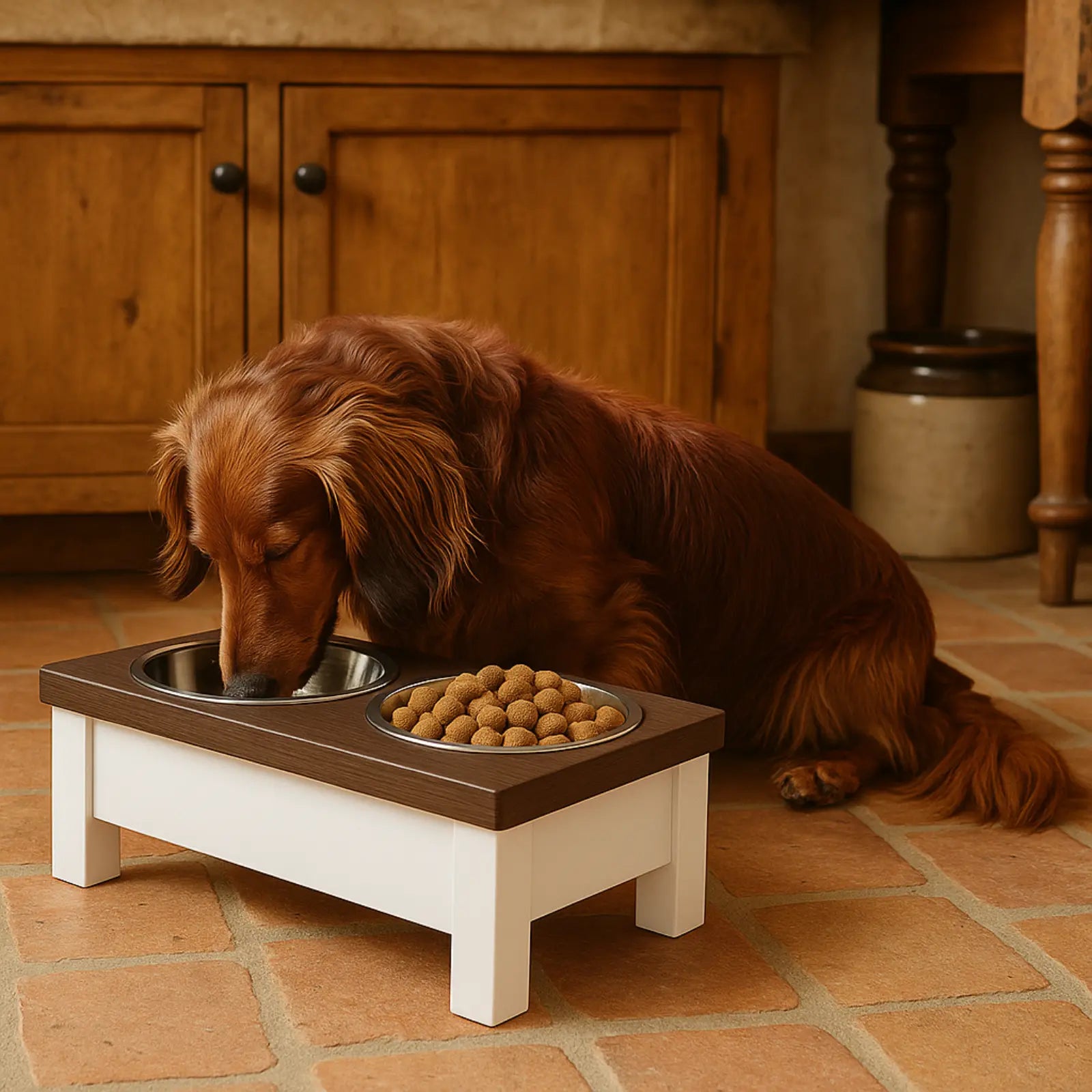 Dog eating from a elevated pet bowl on a tiled floor.