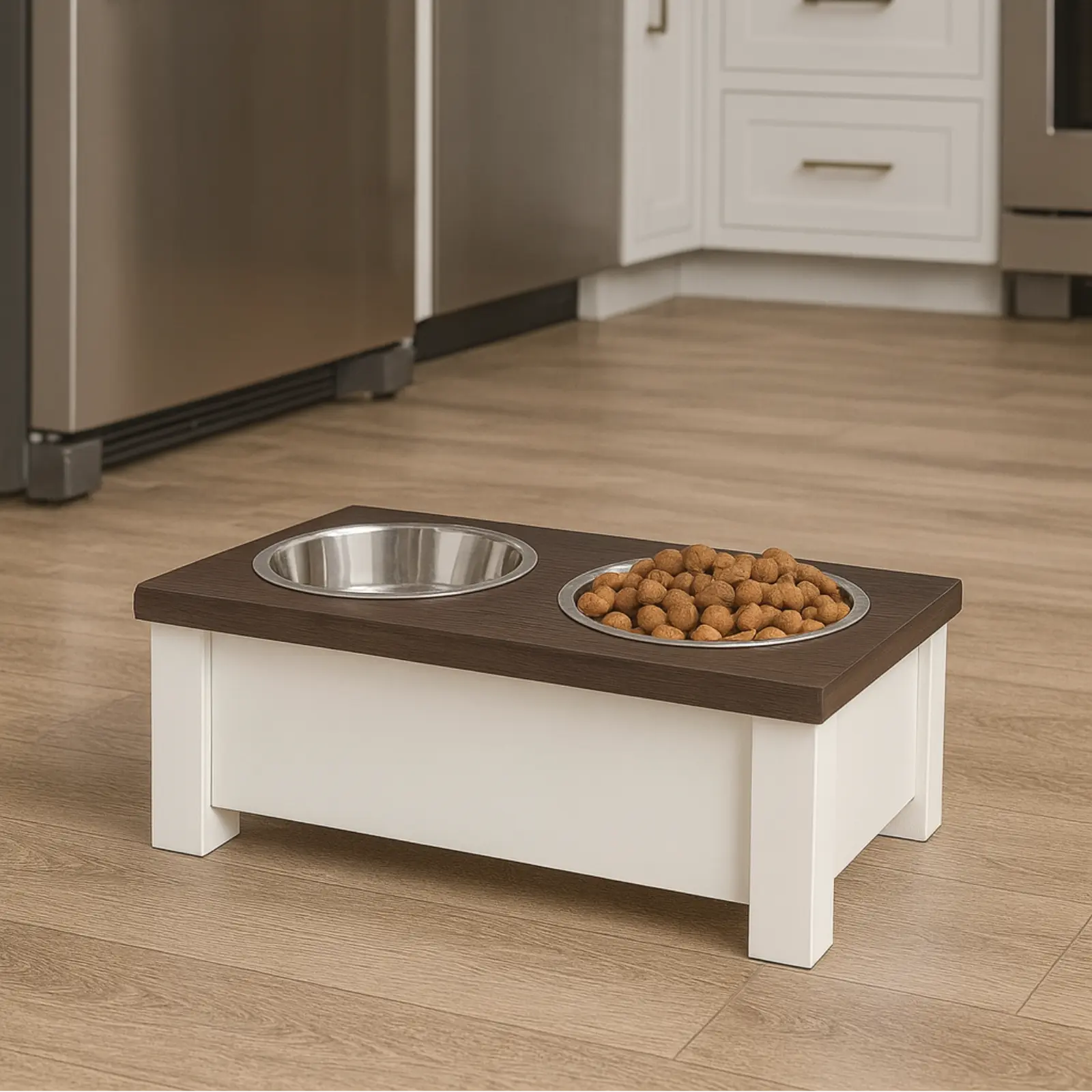 Pet feeding station with elevated bowls on a wooden floor in a kitchen.