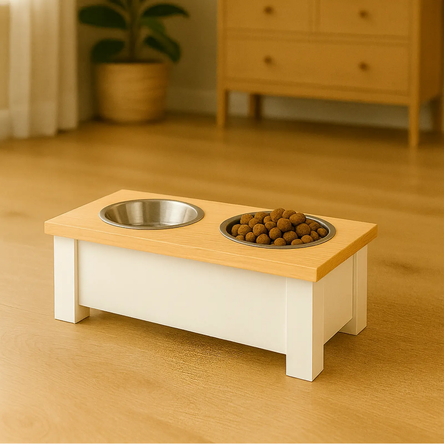 Wooden pet feeding station with bowls on a wooden floor in a room.