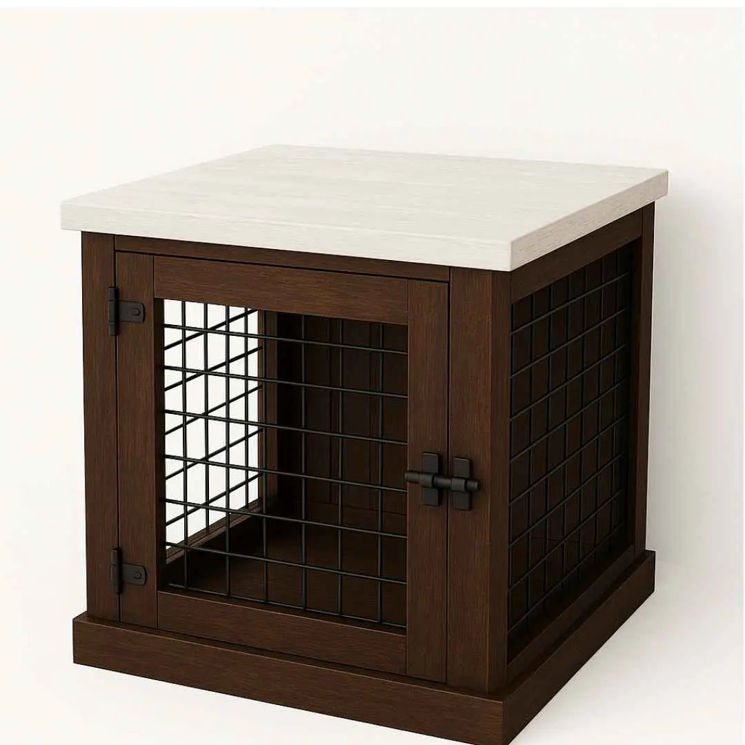 The Den - Espresso Coloured Bedside Dog Crate with Mesh & Hinged Door - Arctic image