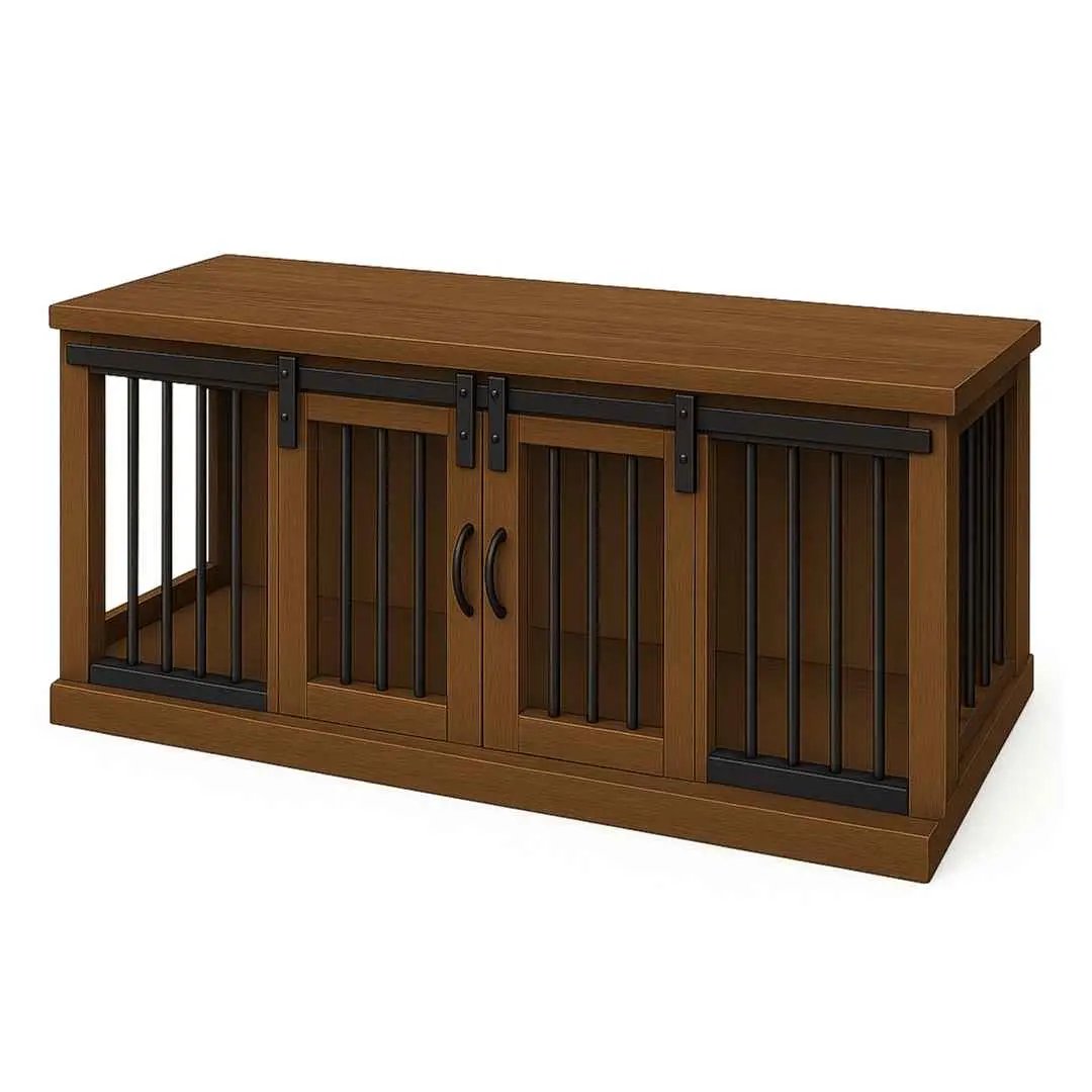 The DUO – Espresso Barn Door Style Double Wooden Dog Crate With Bars image 1