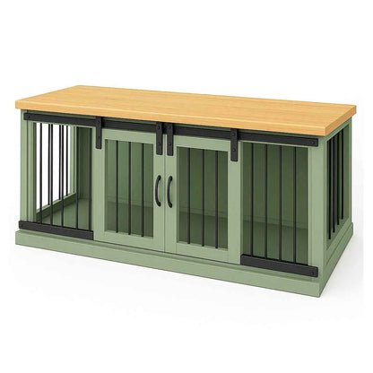 The DUO – Sage Barn Door Style Double Wooden Dog Crate With Bars image 1