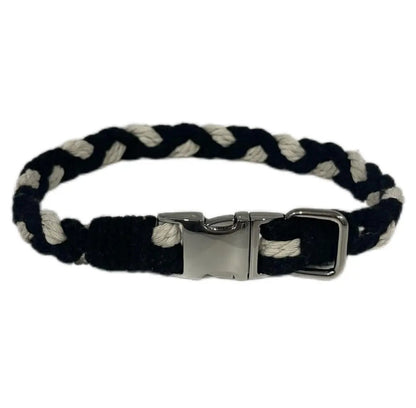 Large Macramé Dog Collar with Brass | Gold | Silver Buckle - Black, Silver image