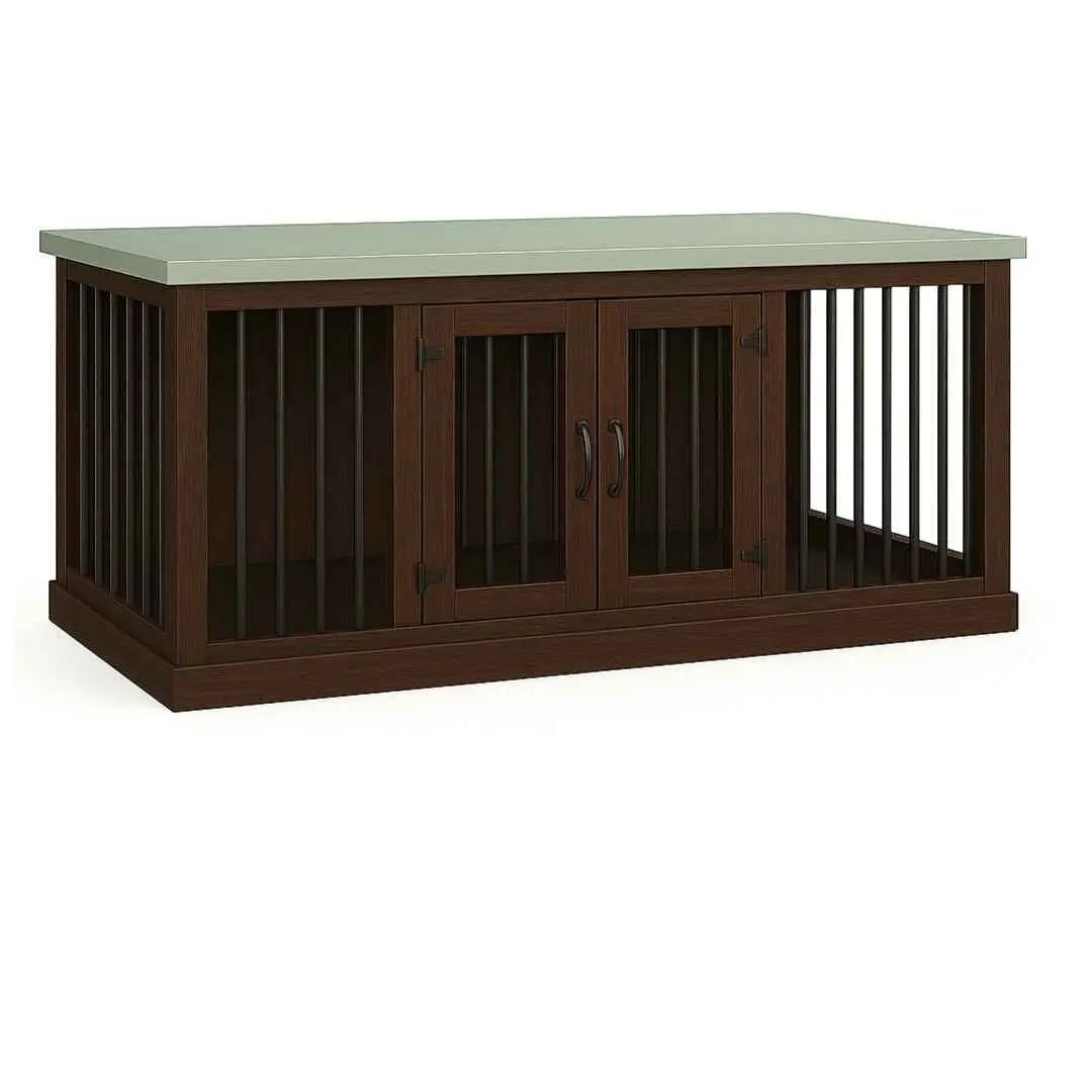 The DUO – Espresso Hinged Double Wooden Dog Crate With Bars image 4