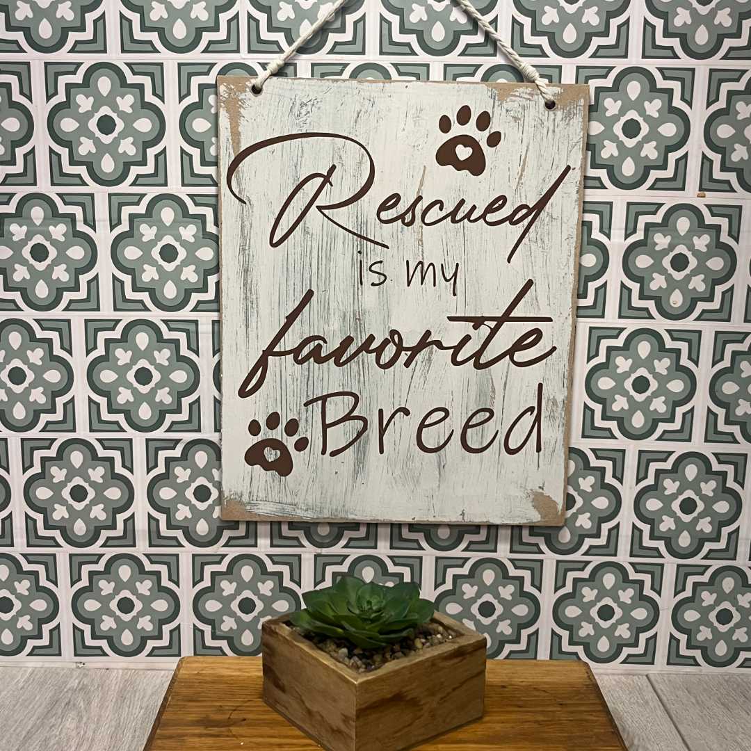 "Rescued Is My Favourite Breed" Wooden Sign Large Blue image 1