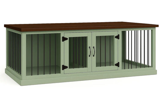 The DUO – Sage Hinged Double Wooden Dog Crate With Bars Paws and Willow