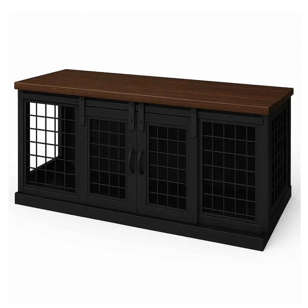 The DUO – Night Sky Barn Style Double Wooden Dog Crate With Mesh - Espresso image