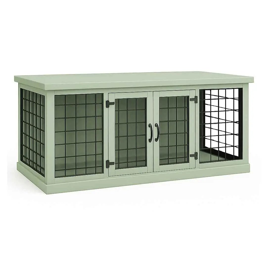 The DUO – Sage Hinged Style Double Wooden Dog Crate With Mesh - Sage image