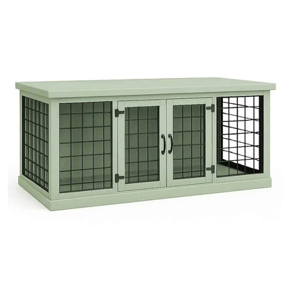 The DUO – Sage Hinged Style Double Wooden Dog Crate With Mesh - Sage image