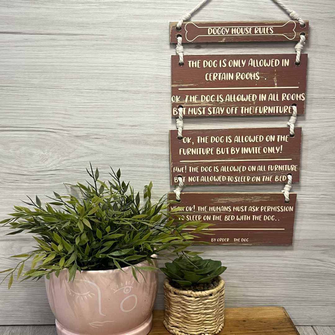Three-Tiered Wooden Wall Art – "6 Funny Dog House Rules" image 1