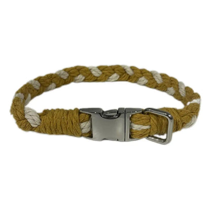 Large Macramé Dog Collar with Brass | Gold | Silver Buckle - Mustard, Silver image