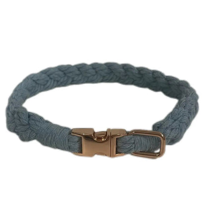 Petite Macramé Dog Collar with Brass | Gold | Silver Buckle - Blue, Gold image