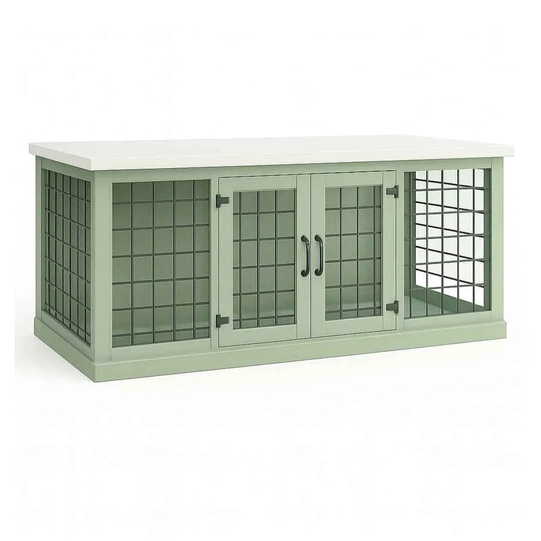 The DUO – Sage Hinged Style Double Wooden Dog Crate With Mesh - Arctic image