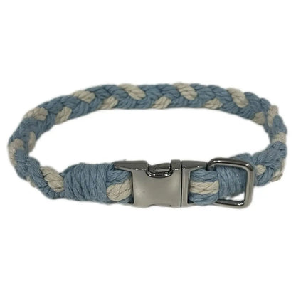 Large Macramé Dog Collar with Brass | Gold | Silver Buckle - Blue, Silver image