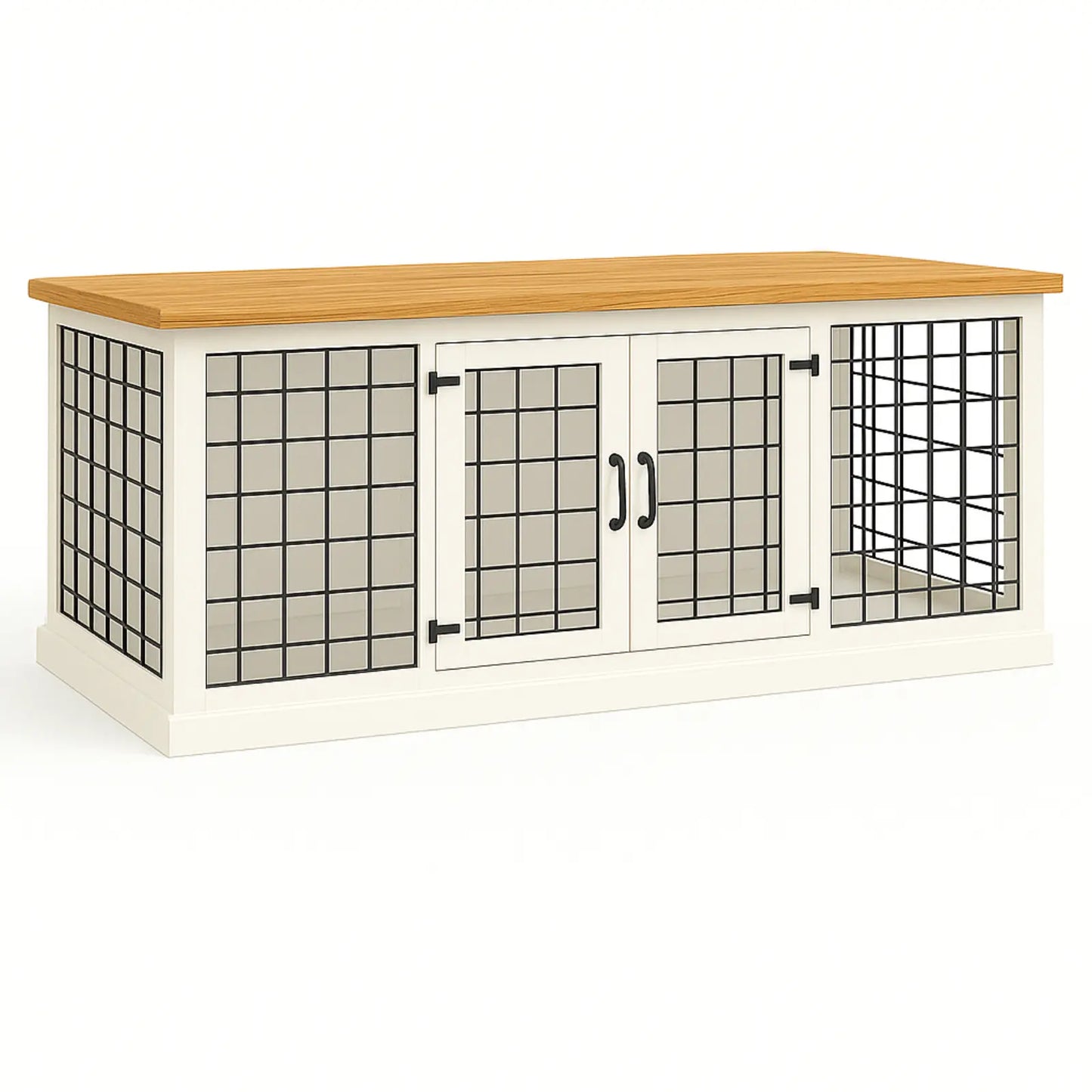 White cabinet with glass doors and wooden top on a white background