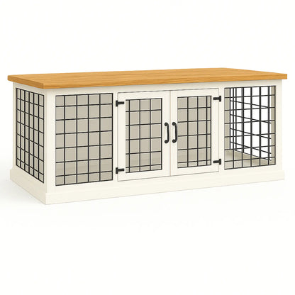 White cabinet with glass doors and wooden top on a white background