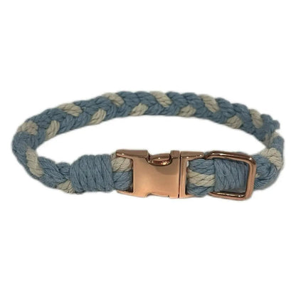 Large Macramé Dog Collar with Brass | Gold | Silver Buckle - Blue, Gold image