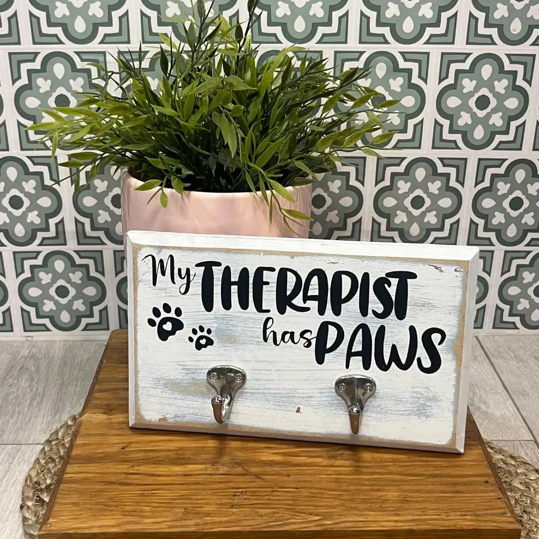 "My Therapist Has Paws" Double Leash Hook Wooden Sign image 1
