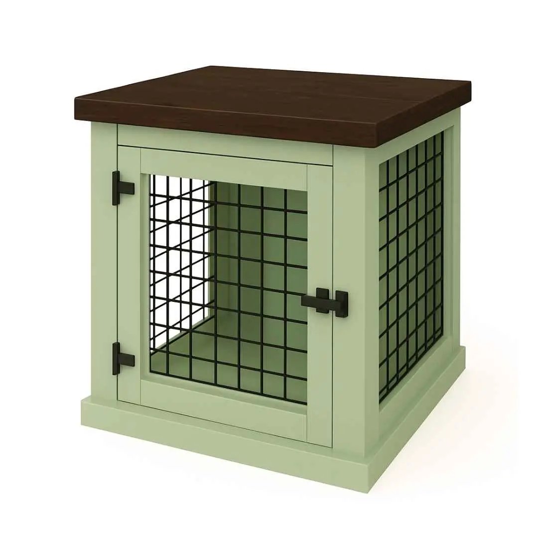 The Den - SAGE Coloured Bedside Dog Crate with Mesh & Hinged Door image 4