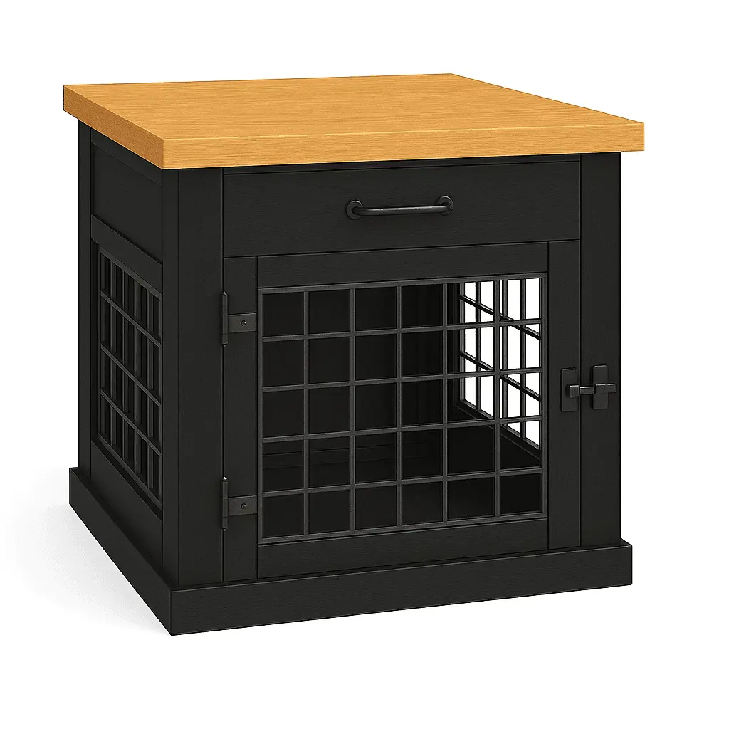 The Den - NIGHT SKY Coloured Bedside Dog Crate with Mesh & Hinged Door with Drawer image 0