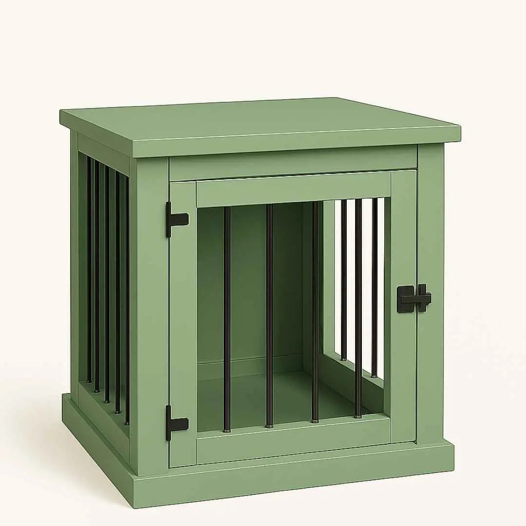 The Den - Sage Coloured Bedside Dog Crate with Bars & Hinged Door image 2