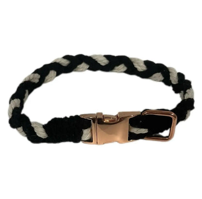Large Macramé Dog Collar with Brass | Gold | Silver Buckle - Black, Gold image