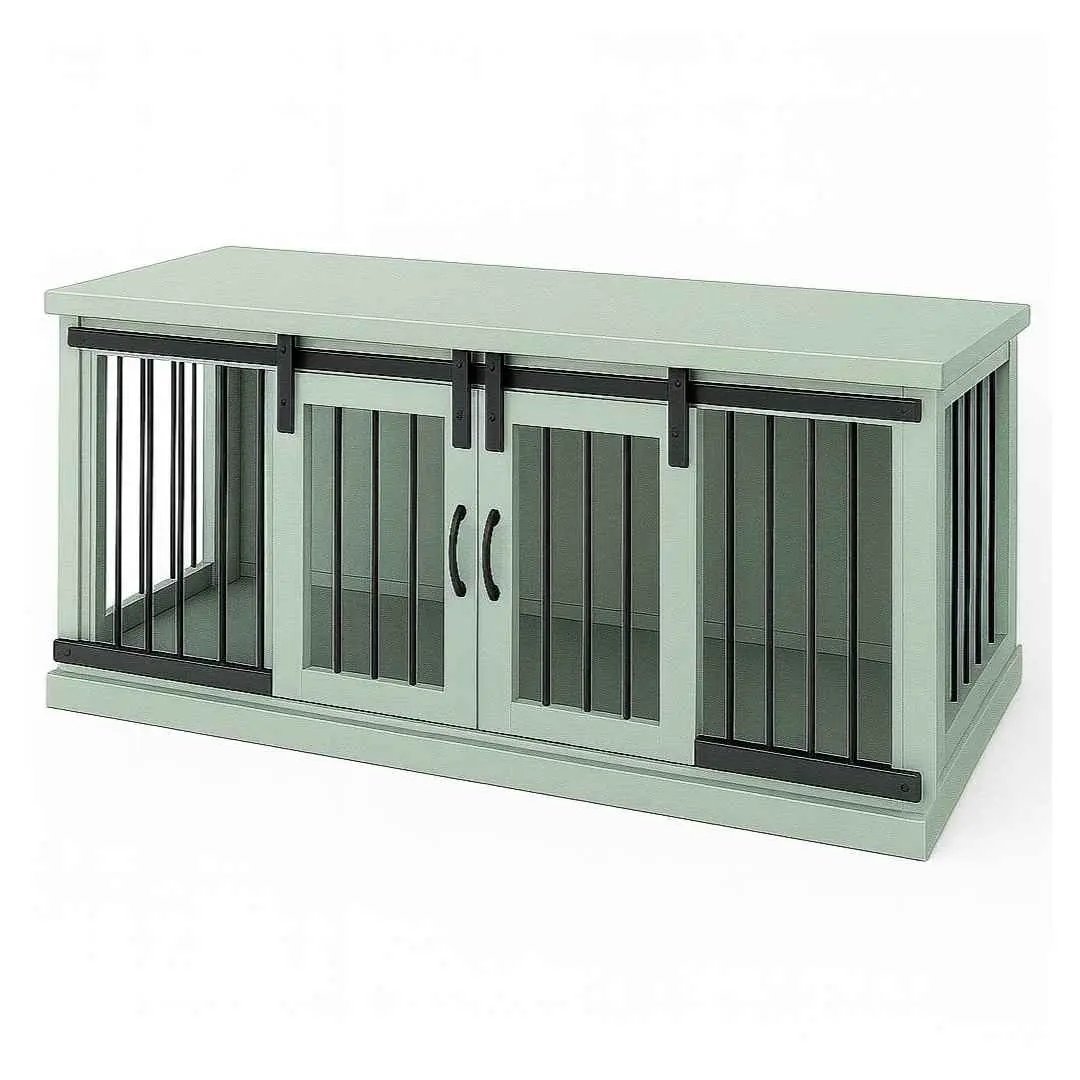The DUO – Sage Barn Door Style Double Wooden Dog Crate With Bars image 2