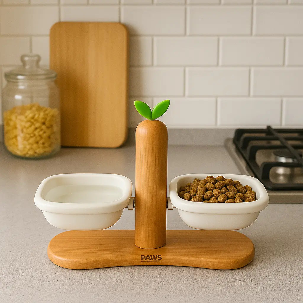 Sprout Stand — elevated wooden dog feeder with ceramic bowls Paws and Willow