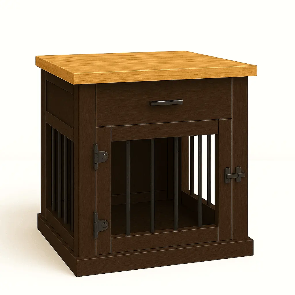 The Den - ESPRESSO Coloured Bedside Dog Crate with Bars & Hinged Door with Drawer image 3