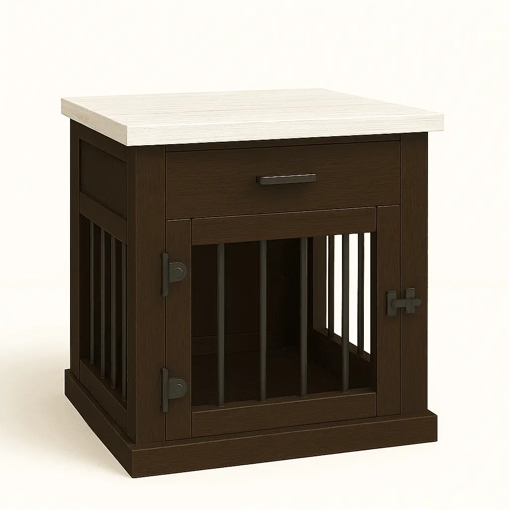The Den - ESPRESSO Coloured Bedside Dog Crate with Bars & Hinged Door with Drawer image 1