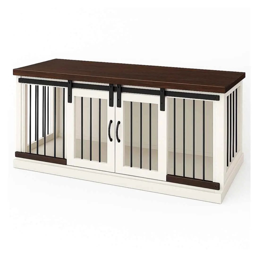 The DUO – Arctic Barn Door Style Double Wooden Dog Crate With Bars - Espresso image