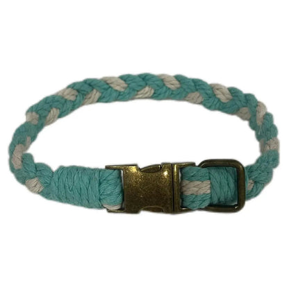 Large Macramé Dog Collar with Brass | Gold | Silver Buckle - Teal, Brass image