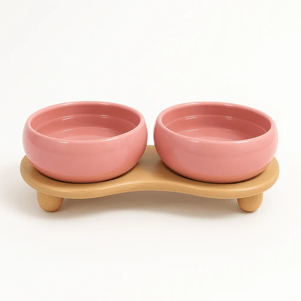 Modern Double Ceramic Dog Bowl – Stylish, Elevated Feeder for Dogs - Pink image