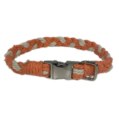 Large Macramé Dog Collar with Brass | Gold | Silver Buckle - Orange, Silver image