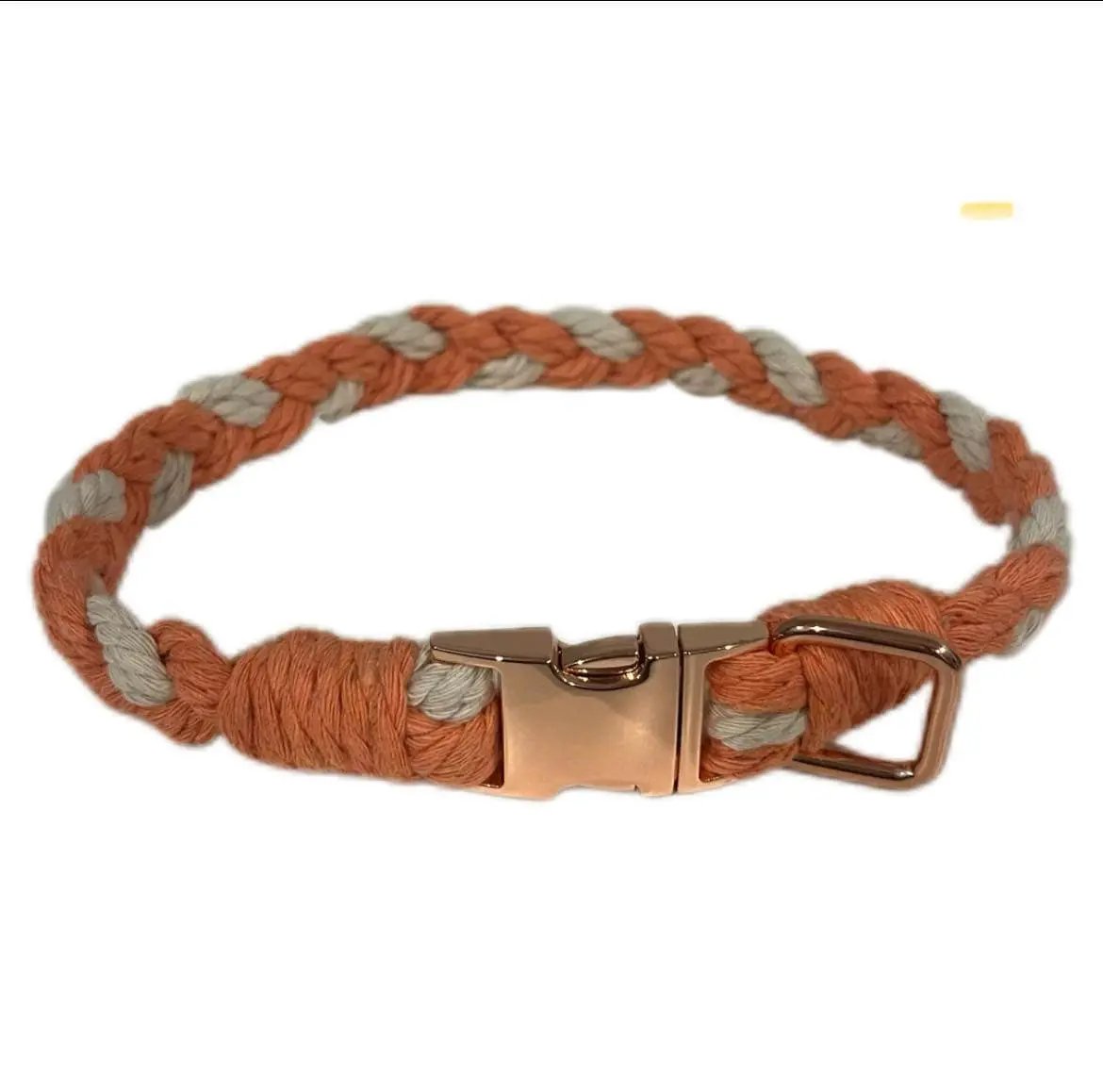Large Macramé Dog Collar with Brass | Gold | Silver Buckle - Orange, Gold image