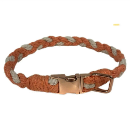 Large Macramé Dog Collar with Brass | Gold | Silver Buckle - Orange, Gold image