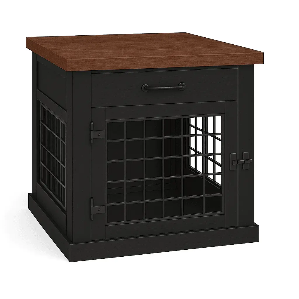 The Den - NIGHT SKY Coloured Bedside Dog Crate with Mesh & Hinged Door with Drawer - Espresso image