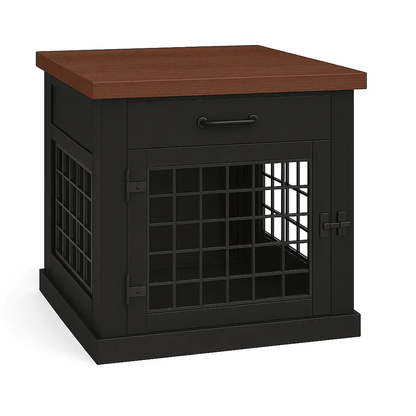 The Den - NIGHT SKY Coloured Bedside Dog Crate with Mesh & Hinged Door with Drawer - Espresso image