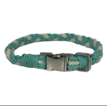 Large Macramé Dog Collar with Brass | Gold | Silver Buckle - Teal, Silver image